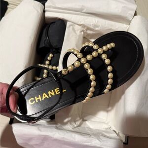 Chanel Black Sandals with ivory Pearl Accents